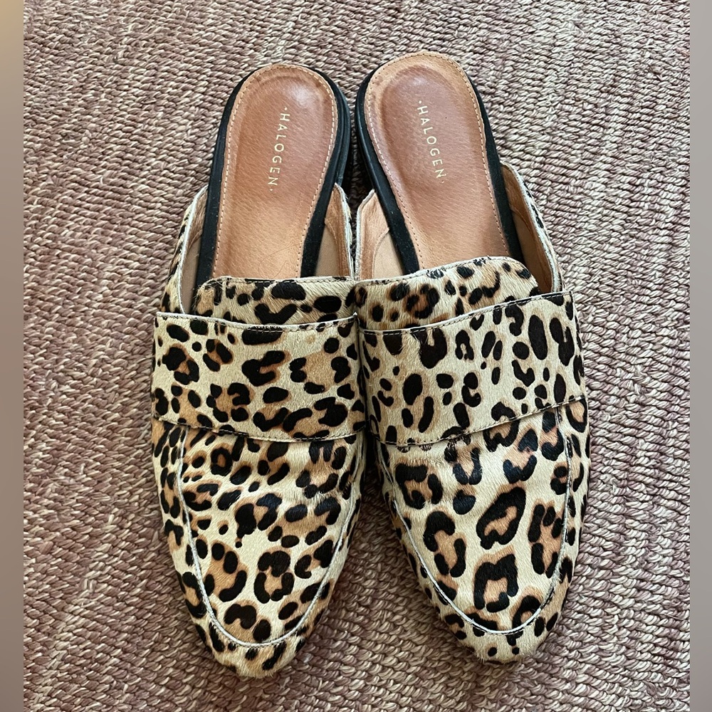 Halogen Calf Hair Leopard Print Mules Size 8.5